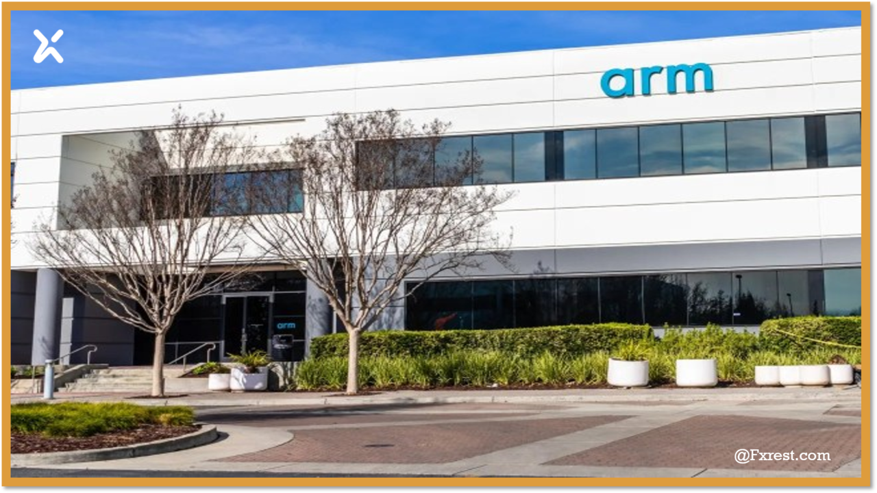 تصميم شريحة AGI CPU الجديدة من Arm مع شعار الشركة وتوقعات النمو المالي الضخم.