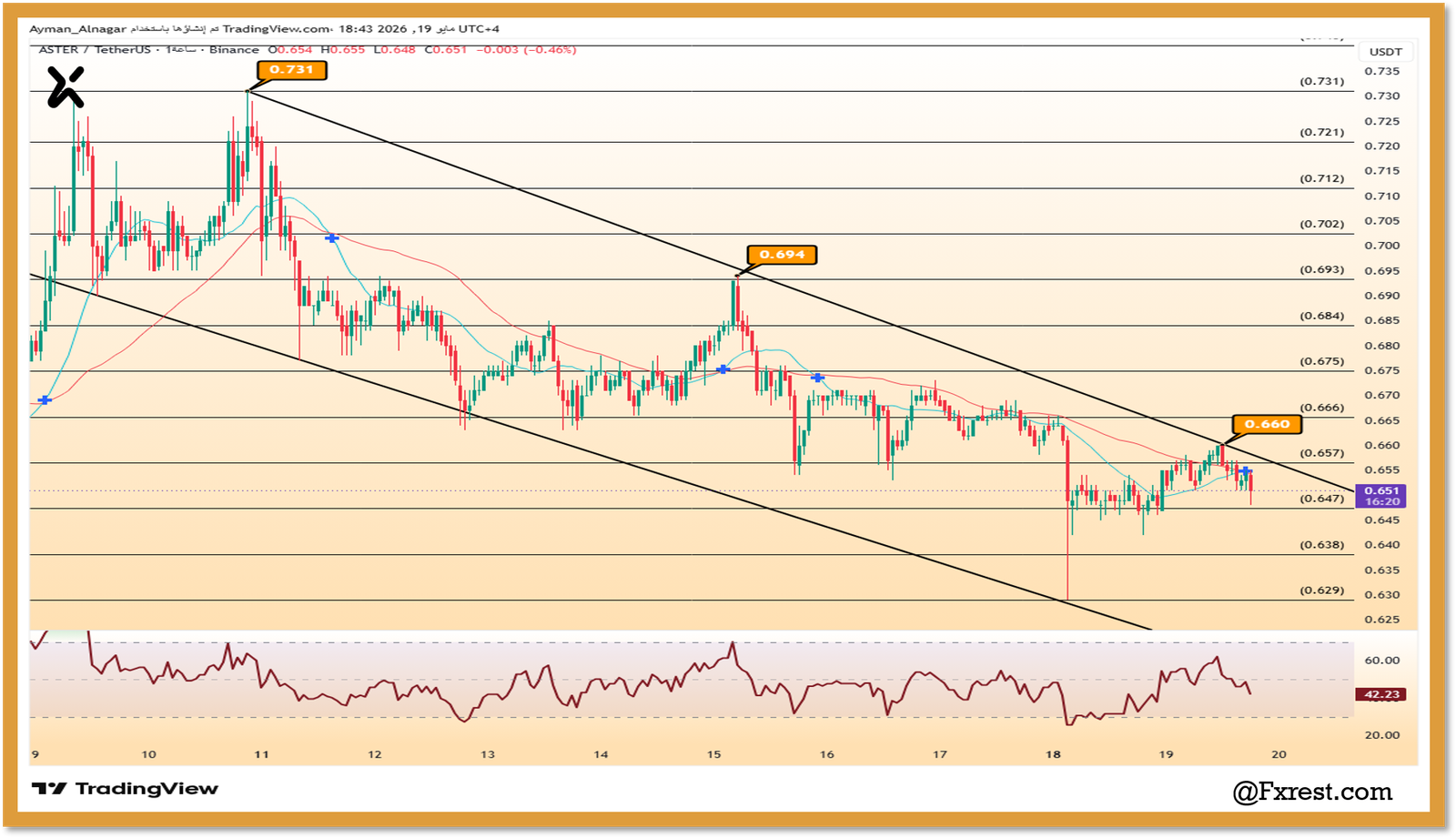 تحليل تقني لسعر عملة ASTER مقابل USDT يوضح حركة السعر داخل القناة الهابطة ومؤشر RSI لعام 2026