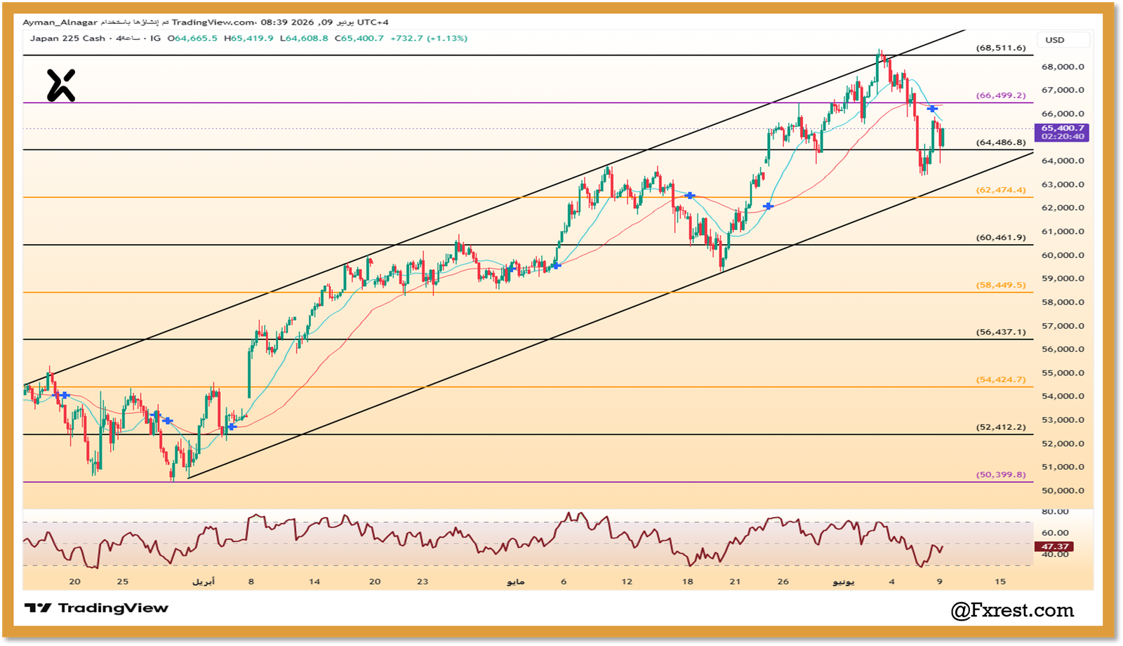 تحليل فني لـ مؤشر نيكي 225 الياباني NIKKEI يوضح حركة القناة الصاعدة ومستويات الدعم ومؤشر RSI لفريم 4 ساعات لعام 2026